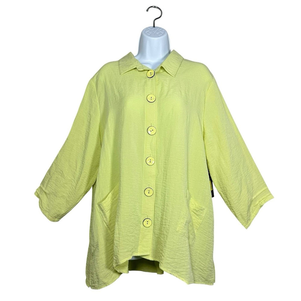 Ali Miles XL‎ Green Yellow Button Front Blouse 3/4 Sleeve Pockets Lagenlook NWT